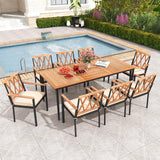 Tangkula 9-Piece Patio Dining Set, Outdoor Acacia Wood Dining Table with 1.9" Umbrella Hole& 8 Dining Chairs with Cross Hollow Back and Seat Cushions