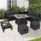 Tangkula 9 Pieces Outdoor PE Rattan Sectional Sofa with 35-Inch Gas Fire Pit Table