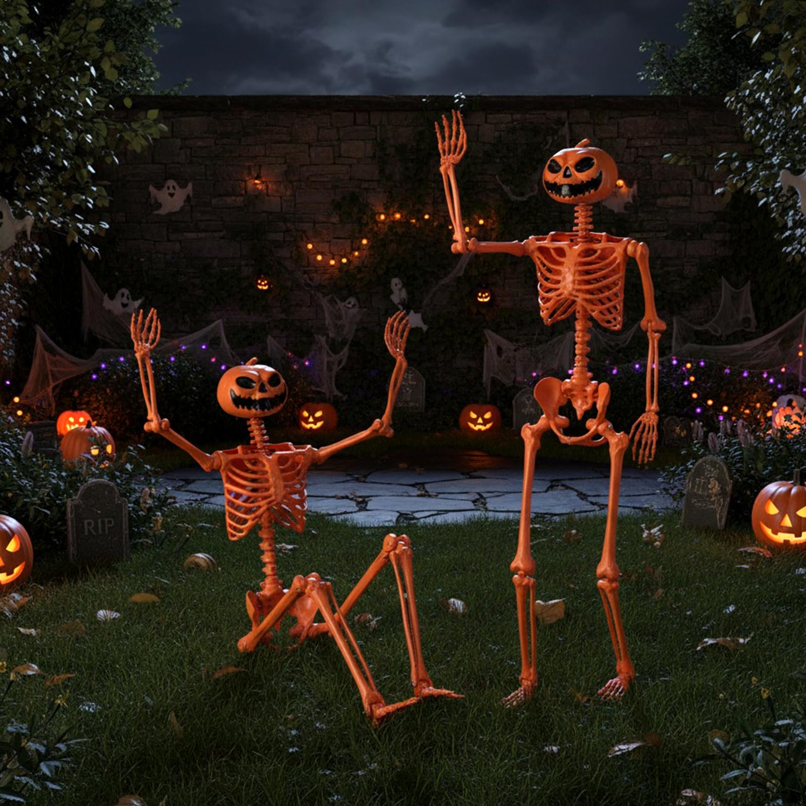 Two animated skeletons in a Halloween-themed outdoor setting with pumpkins and tombstones.