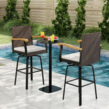 Tangkula Outdoor 360° Swivel Bar Stool with Cushion & Acacia Wood Armrests