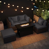 Tangkula 5 Piece Patio Rattan Sectional Sofa Set with 60,000 BTU Firepit Table