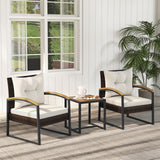 Tangkula 3 Piece Patio Conversation Set, includes 2 Rattan Chairs and Coffee Table, Solid Acacia Wood Armrests & Tabletop