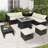 Tangkula 9 Pieces Outdoor PE Rattan Sectional Sofa with 35-Inch Gas Fire Pit Table