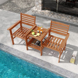 Tangkula Outdoor Patio Loveseat with Table, Wood 2-Seat Conversation Set with Coffee Table and Umbrella Hole