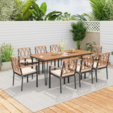 Tangkula 9 Piece Patio Dining Set, Outdoor Rectangular Dining Table w/Acacia Wood Top & Umbrella Hole