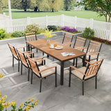 Tangkula 9 Piece Outdoor Dining Table & Chairs Set, Rectangular Table w/Acacia Wood Top & Umbrella Hole