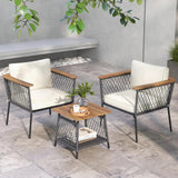 Tangkula 3 Piece Patio Furniture Set, Rattan Chair Set w/ 2-Tier Coffee Table, Acacia Wood Armrests & Tabletop, Soft Seat & Back Cushions