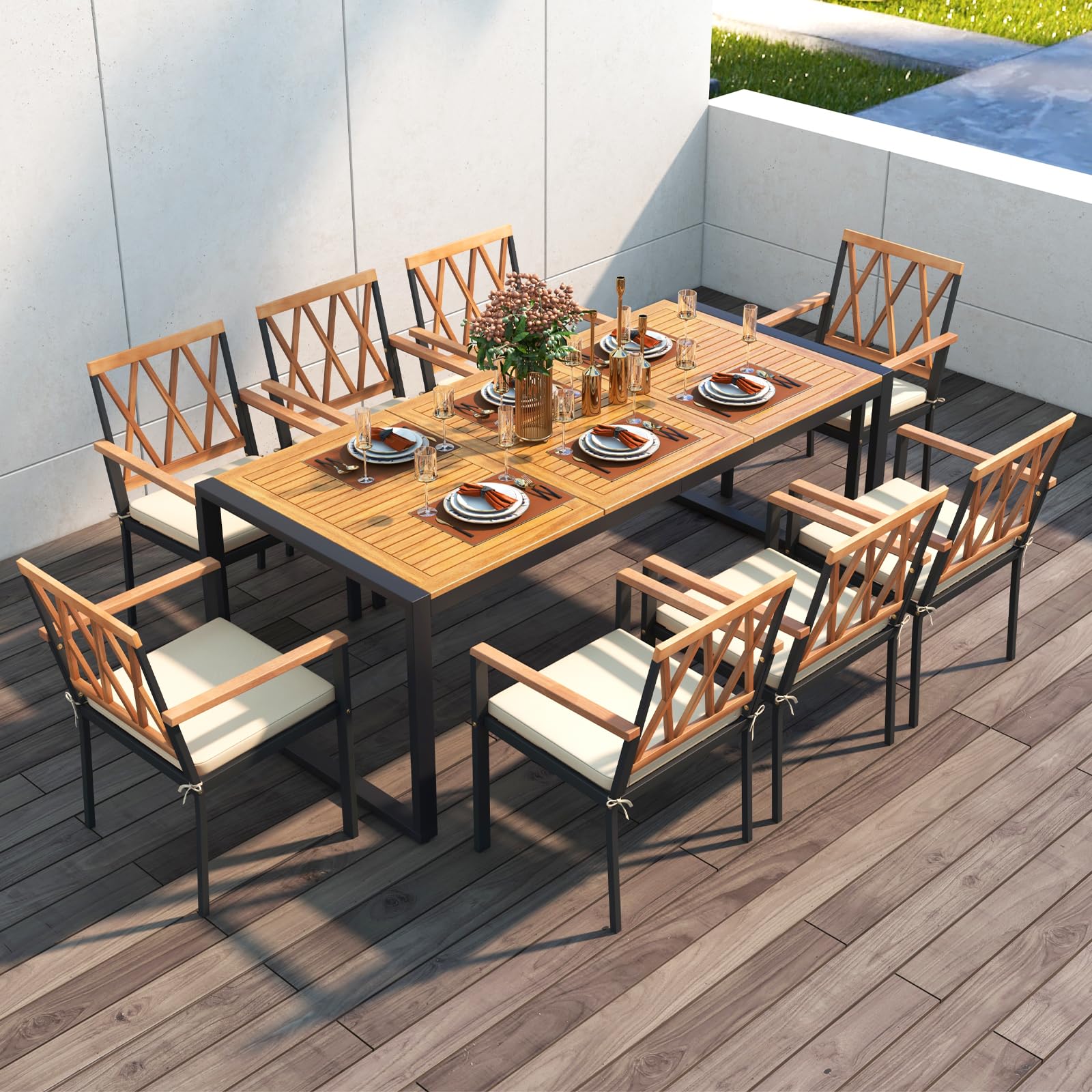 Tangkula 9 Pieces Patio Dining Set, Outdoor Acacia Wood Table and Chai – tangkula