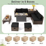 Tangkula 9 Pieces Patio 42” Propane Fire Pit Table Set, PE Wicker Space-Saving Set with Storage Box and Cushions, 60,000 BTU Fire Pit Table