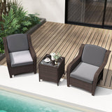 Tangkula 3 Pieces Outdoor Patio Furniture Set, Patiojoy PE Rattan Wicker Chairs with Cushions and Tempered Glass Coffee Table