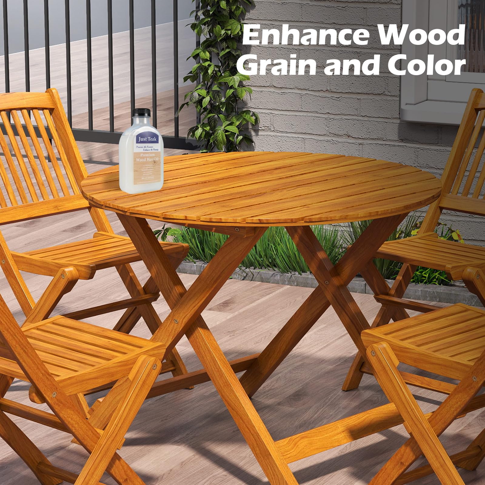 Wooden outdoor furniture set with a bottle of wood finish product on a patio.