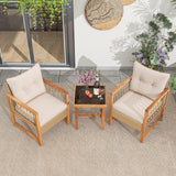 Tangkula 3 Pieces Patio Furniture Set, Outdoor PE Wicker Conversation Bistro Set with Acacia Wood Frame