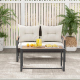 Tangkula 2 Pieces Patio Wicker Furniture Set, Heavy Duty Outdoor Cushioned Loveseat with Acacia Wood Coffee Table