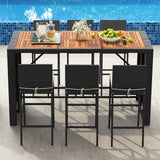 Tangkula 7 Piece Patio Wicker Bar Set, Patiojoy Outdoor Acacia Wood Bar Height Table & 6 Rattan Bar Stool Chairs