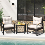 Tangkula 3 Piece Patio Conversation Set, includes 2 Rattan Chairs and Coffee Table, Solid Acacia Wood Armrests & Tabletop