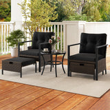 Tangkula 5 Piece Outdoor Furniture Set, Rattan Chairs & Ottomans w/Round Glass Topped Coffee Table