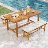 Tangkula 3 Piece Patio Dining Set 63” Outdoor Acacia Wood Rectangular Table with 2 Cushioned Bench