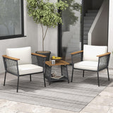Tangkula 3 Piece Patio Furniture Set, Rattan Chair Set w/ 2-Tier Coffee Table, Acacia Wood Armrests & Tabletop, Soft Seat & Back Cushions