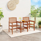 Tangkula Outdoor Patio Loveseat with Table, Wood 2-Seat Conversation Set with Coffee Table and Umbrella Hole