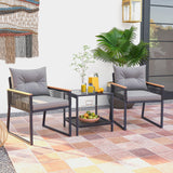 Tangkula 3 Piece Outdoor Conversation Set, Rattan Armchairs with 2-Layer Side Table