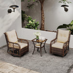 Outdoor patio set with two wicker chairs and a small table on a gray rug.