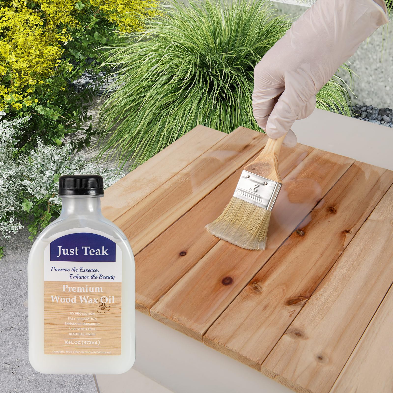 Person applying wood wax oil to a wooden surface with a bottle of Just Teak wood wax oil and a brush.