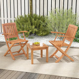 Tangkula 3 PCS Eucalyptus Wood Patio Bistro Set, Wooden Adirondack Side Table with 2 Folding Arm Chairs