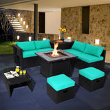 Tangkula 9 Pieces Outdoor PE Rattan Sectional Sofa with 35-Inch Gas Fire Pit Table
