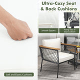 Tangkula 3 Piece Patio Furniture Set, Rattan Chair Set w/ 2-Tier Coffee Table, Acacia Wood Armrests & Tabletop, Soft Seat & Back Cushions