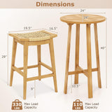 Tangkula 3 Piece Patio Bar Set, Teak Wood Bistro Furniture with Footrest, Round Cocktail Table with 2 Rattan Saddle Stools
