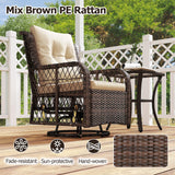 Brown PE rattan chair and table set on a wooden deck with greenery in the background.