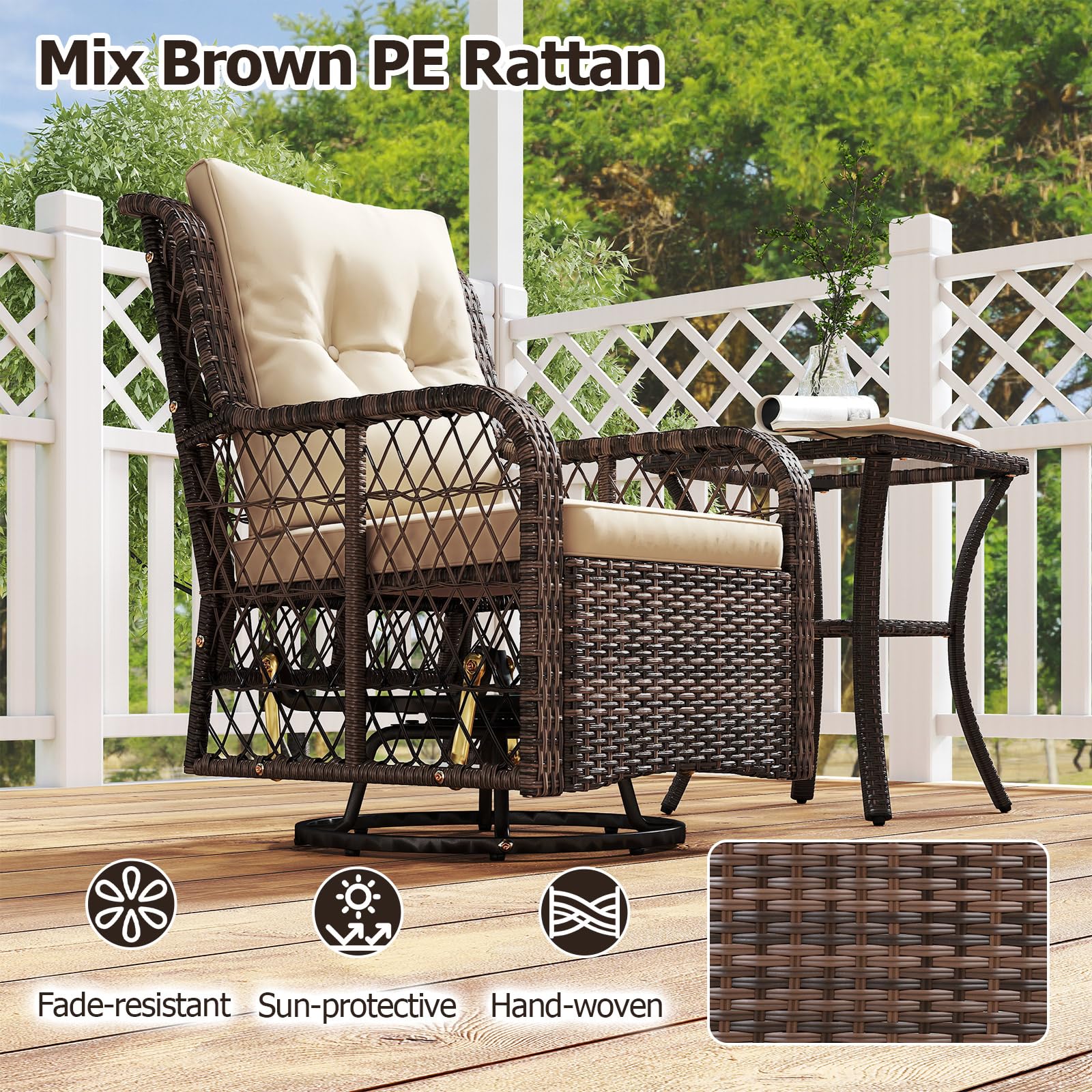 Brown PE rattan chair and table set on a wooden deck with greenery in the background.