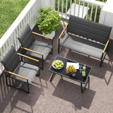 Tangkula Outdoor Metal Conversation Set with Padded Fabric Seat & Wood-Plastic Armrests