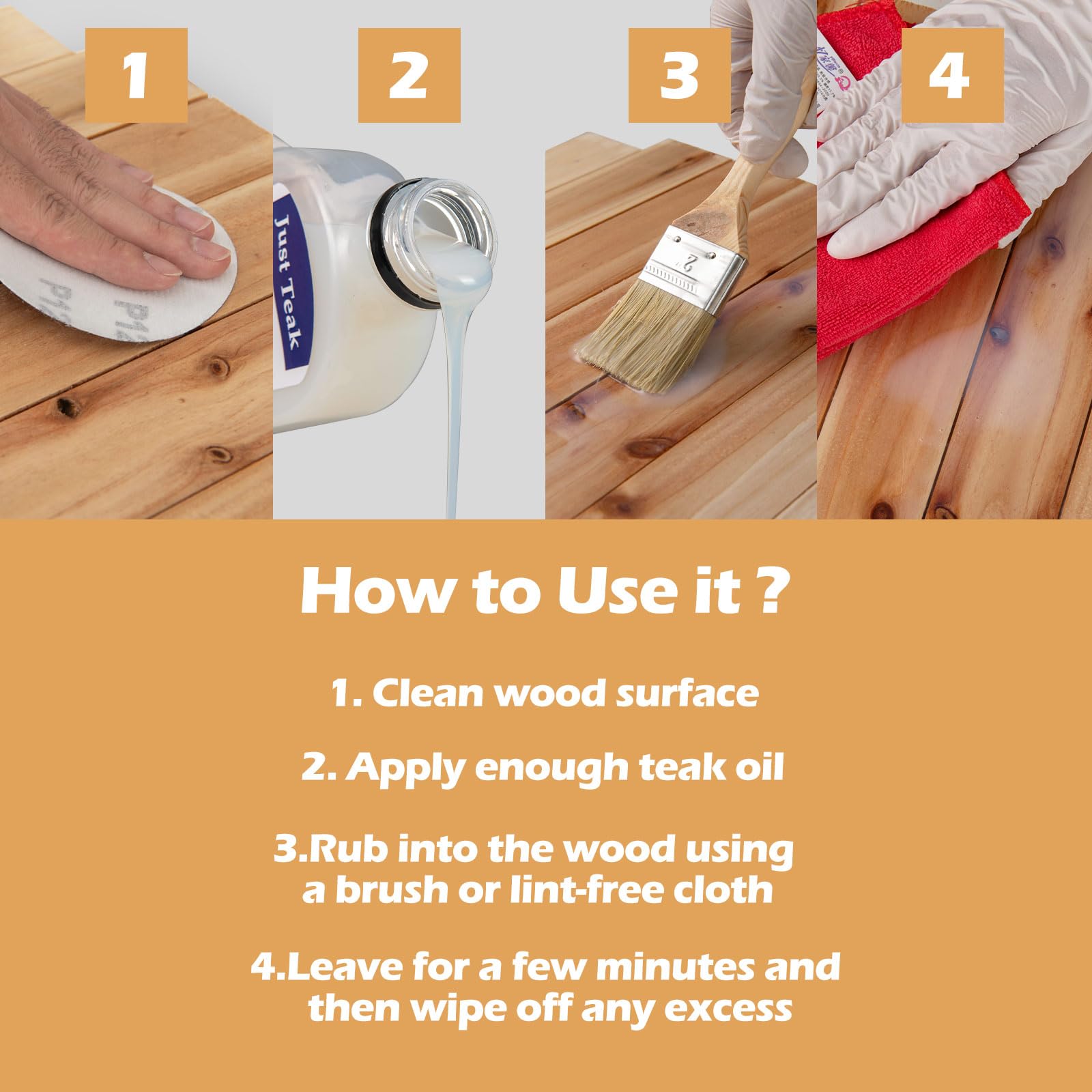 Step-by-step guide on how to use teak oil for wood surface treatment.