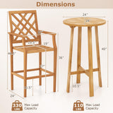 Tangkula 3 Piece Patio Bar Set, Teak Wood Bistro Furniture with Backrest, Armrests & Footrest