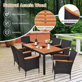 Tangkula 7 PCS Outdoor Dining Set, Patio Conversation Set with Acacia Wood Tabletop, Umbrella Hole, Removable Seat Cushions