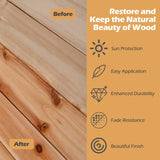 Wooden surface with 'Before' and 'After' labels, sun protection, easy application, enhanced durability, fade resistance, and beautiful finish icons.