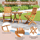 Tangkula 3 PCS Eucalyptus Wood Patio Bistro Set, Wooden Adirondack Side Table with 2 Folding Arm Chairs