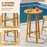 Tangkula 3 Piece Patio Bar Set, Teak Wood Bistro Furniture with Footrest, Round Cocktail Table with 2 Rattan Saddle Stools