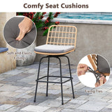 Tangkula Patio Swivel Barstools, Wicker Bar Height Chairs w/Soft Seat Cushions