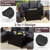Tangkula 5 Piece Patio Rattan Sectional Sofa Set with 60,000 BTU Firepit Table