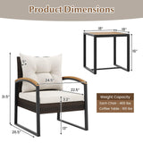Tangkula 3 Piece Patio Conversation Set, includes 2 Rattan Chairs and Coffee Table, Solid Acacia Wood Armrests & Tabletop