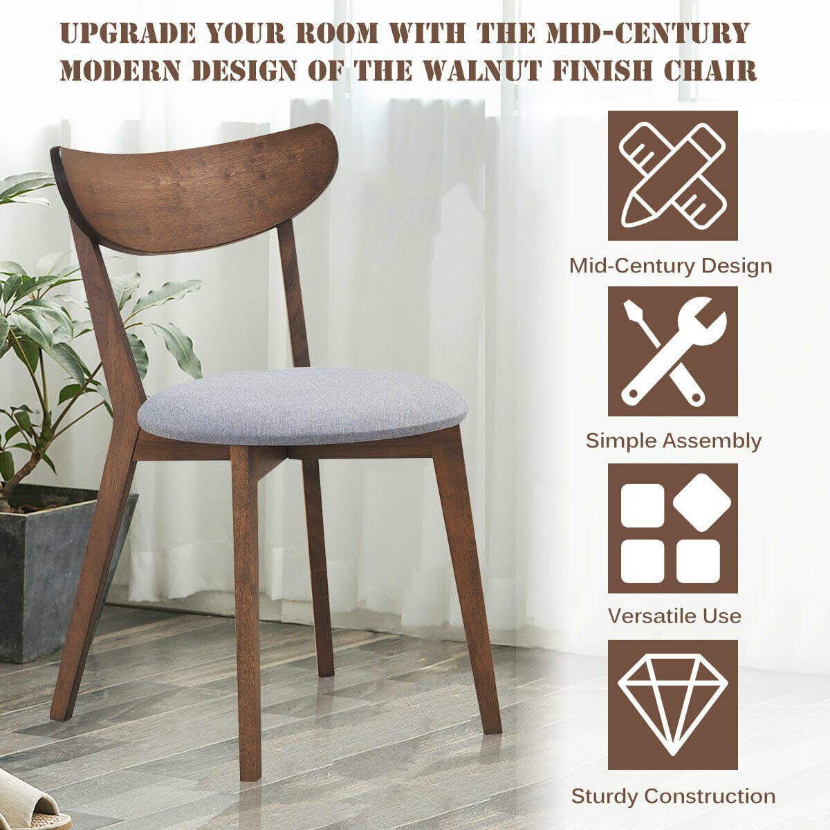 Set of 2 Dining Chairs, Mid-Century Dining Side Chairs - Tangkula