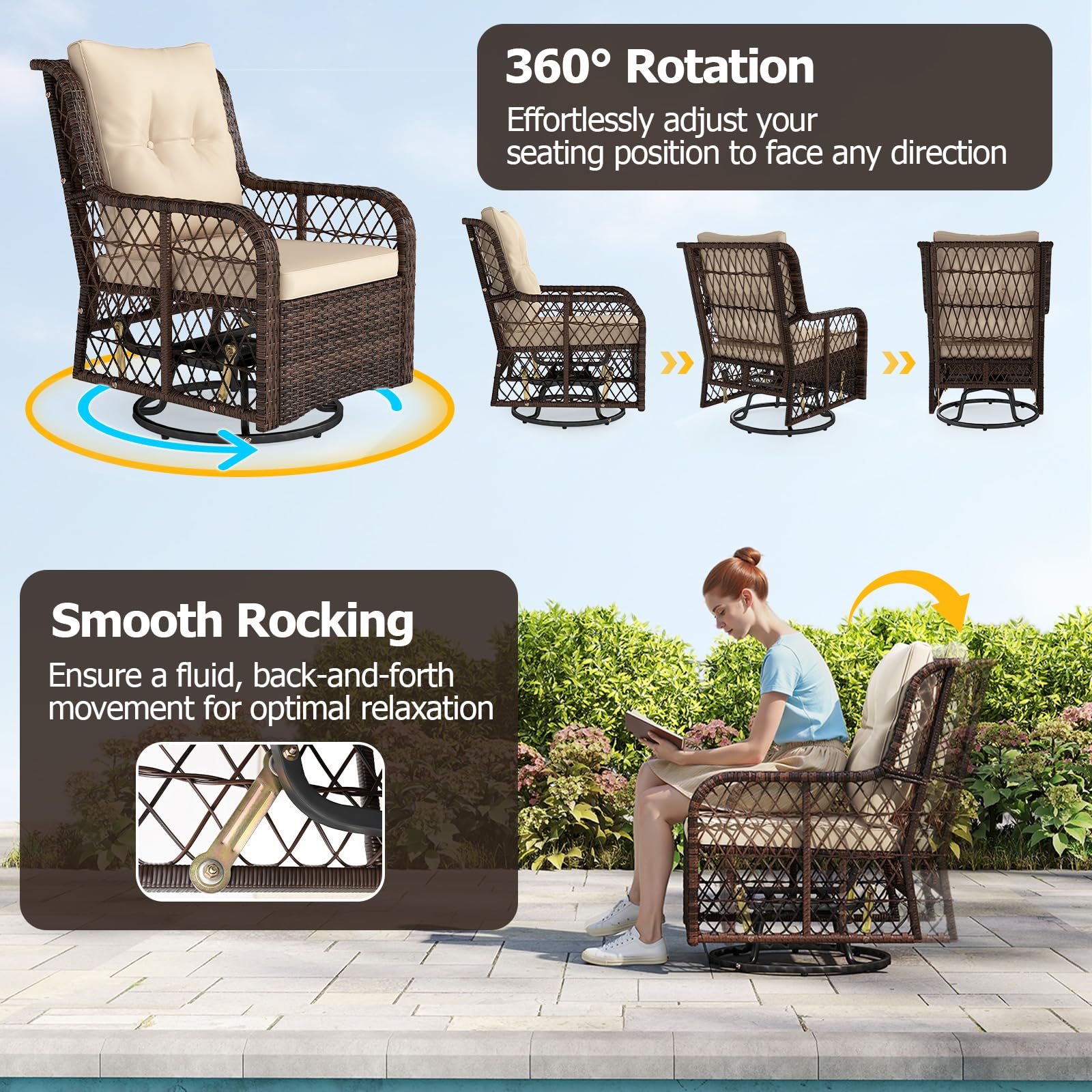 Wicker glider chair with 360-degree rotation and smooth rocking features, shown outdoors.