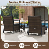 Tangkula 5 Piece Outdoor Furniture Set, Rattan Chairs & Ottomans w/Round Glass Topped Coffee Table
