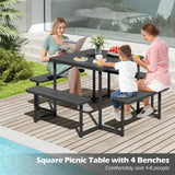 Tangkula 8 Person HDPE Outdoor Square Table and Bench Set with 4 Built-in Benches