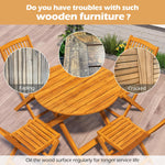 Wooden outdoor furniture set with issues like fading and cracking, and a call to action to oil the wood surface.