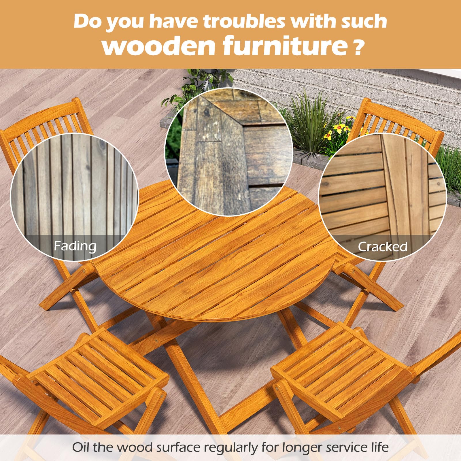 Wooden outdoor furniture set with issues like fading and cracking, and a call to action to oil the wood surface.