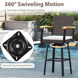 Tangkula Outdoor 360° Swivel Bar Stool with Cushion & Acacia Wood Armrests