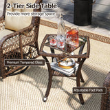2-tier side table with tempered glass top and adjustable foot pads on a patio setting.